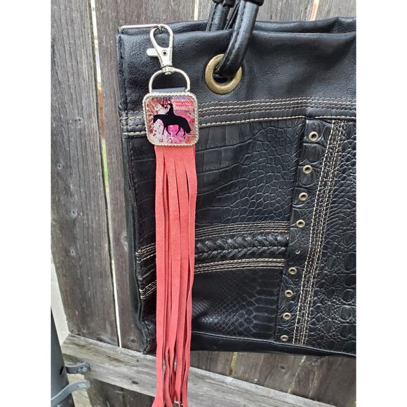 Handmade boho horse Leather Fringe Western bag charm, Long fringe keychain - Picture 2 of 3